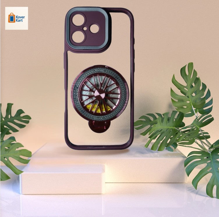 iPhone 17 Shockproof Protective Brilliant Spin Rotating Wheel Stand Maroon color Back Cover